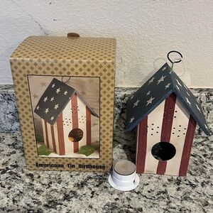 Americana Tin Birdhouse Candle holder - Red, White, and Blue